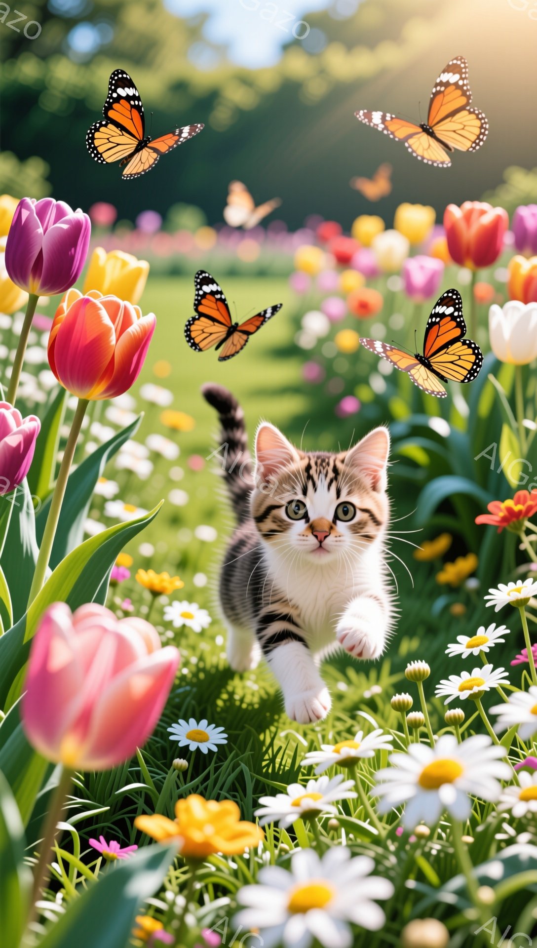 美しい花畑の中を子猫が駆け抜けている。鮮やかな色のチューリップやデイジーが咲き乱れ、背景は緑豊かで、蝶が舞っている。暖かく、遊び心のある雰囲気が漂っている。 - AI生成フリー素材