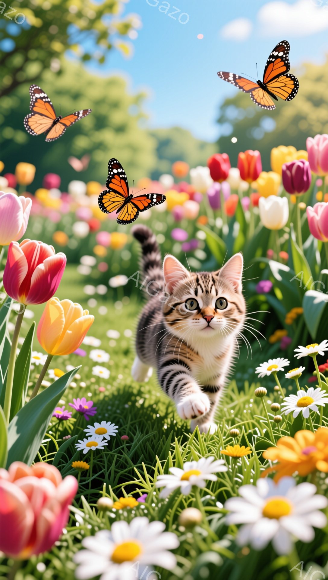 花畑の中を子猫が駆け抜けている。背景には色とりどりのチューリップやデイジーが咲き乱れ、蝶が舞っている。暖かく、幸せな春の日の雰囲気が漂う。