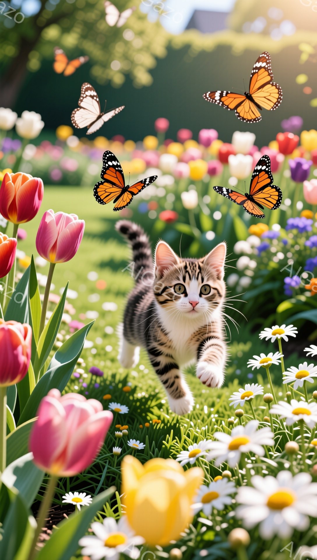 可愛らしいキティが、色とりどりの花畑の中を活発に駆け回っている。周りには蝶が舞い、春らしい明るい雰囲気で、見ていると心が安らぐ。背景には緑豊かな草むらとぼやけた建物があり、優しい光が全体を包んでいる。 - AI生成フリー素材