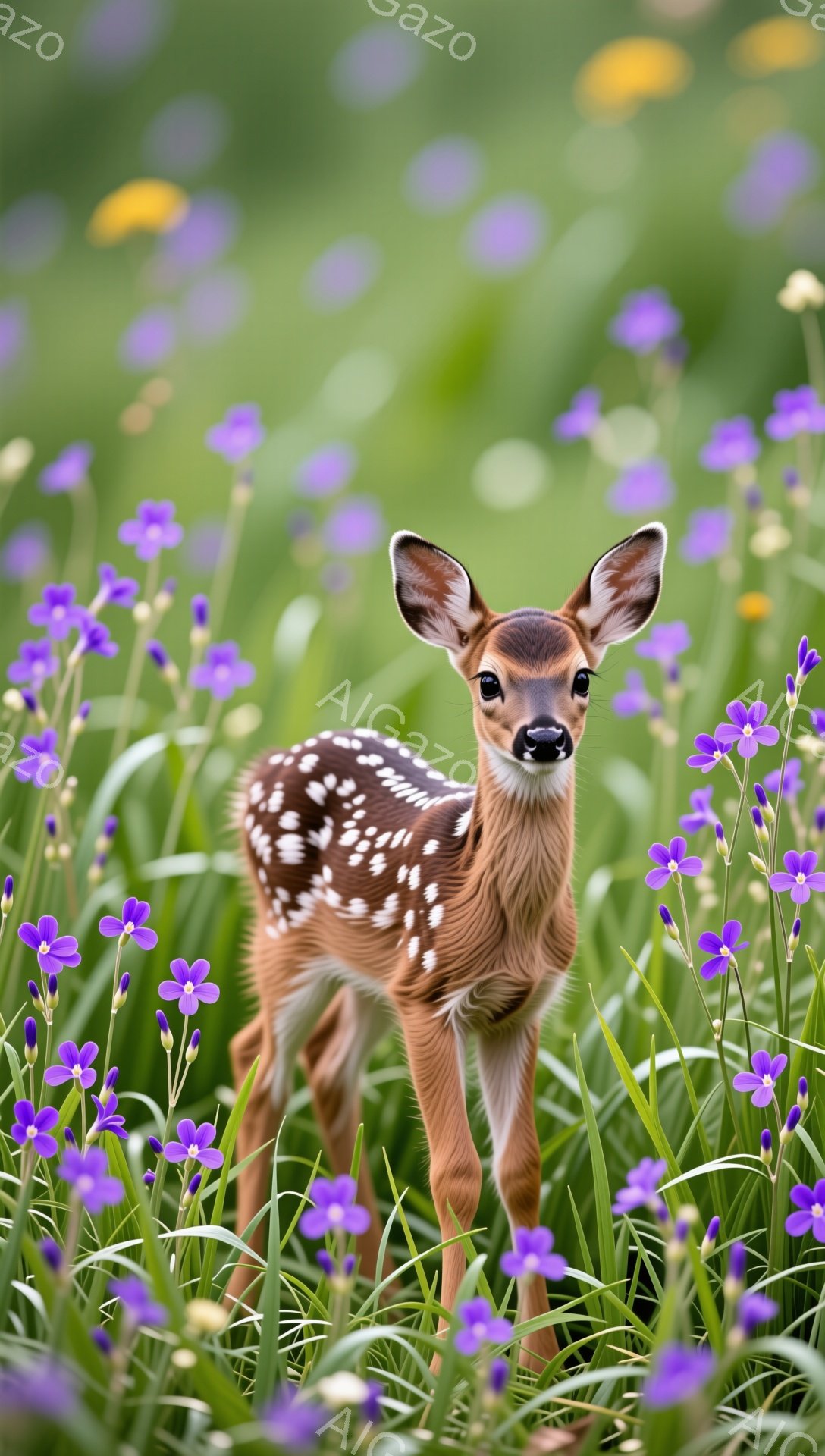 小さなシカの子供が紫色の花々の中に立っている。そのシカはまだ幼く、白っぽい斑点模様が特徴的である。背景は緑豊かな草地で、暖かく穏やかな雰囲気が感じられる。 - AI生成フリー素材