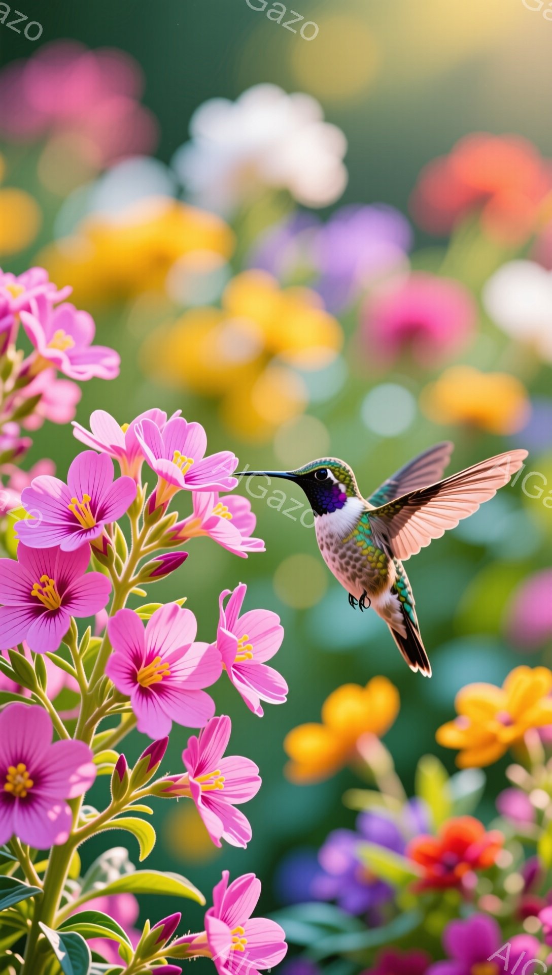 ピンク色の花を訪れる、鮮やかな色のハチドリが写っています。背景には、さまざまな色の花が咲き乱れ、暖かく柔らかな光が差し込んでいます。自然の美しさを捉えた、生き生きとした瞬間です。 - AI生成フリー素材