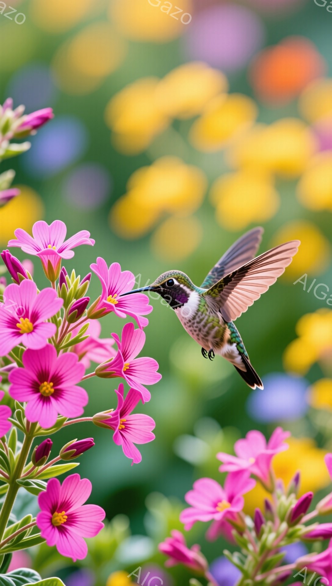 ピンク色の花々の中に、鮮やかな色のハチドリが飛び込んでいる。その翼は非常に速く羽ばたいており、まるで時間が止まったかのような瞬間を捉えている。背景は緑と黄色で彩られ、自然の美しさが際立っている。 - AI生成フリー素材