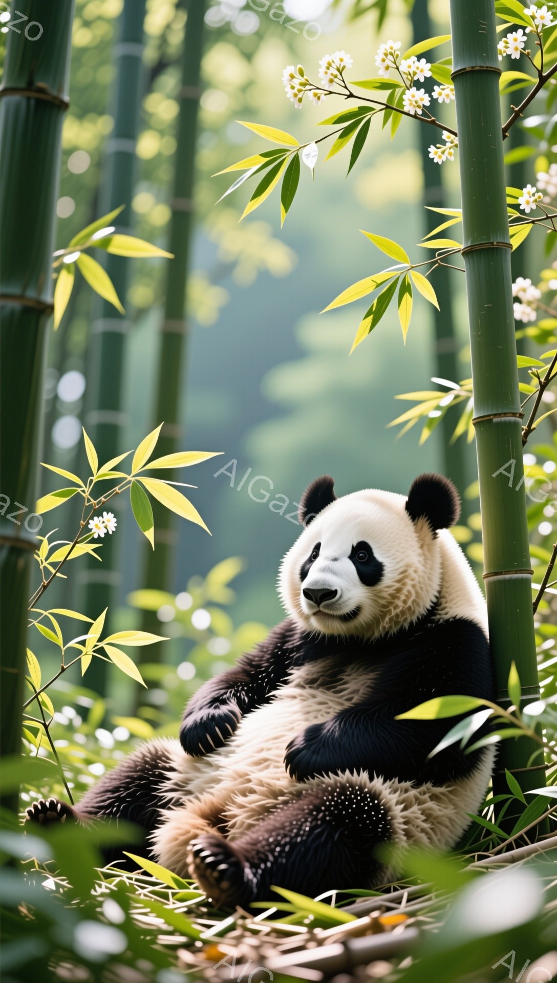 パンダが竹林の中でリラックスして座っています。緑豊かな竹と白い花が背景にあり、穏やかな雰囲気を作り出しています。パンダの表情は穏やかで、丸い体型が可愛らしい印象を与えます。