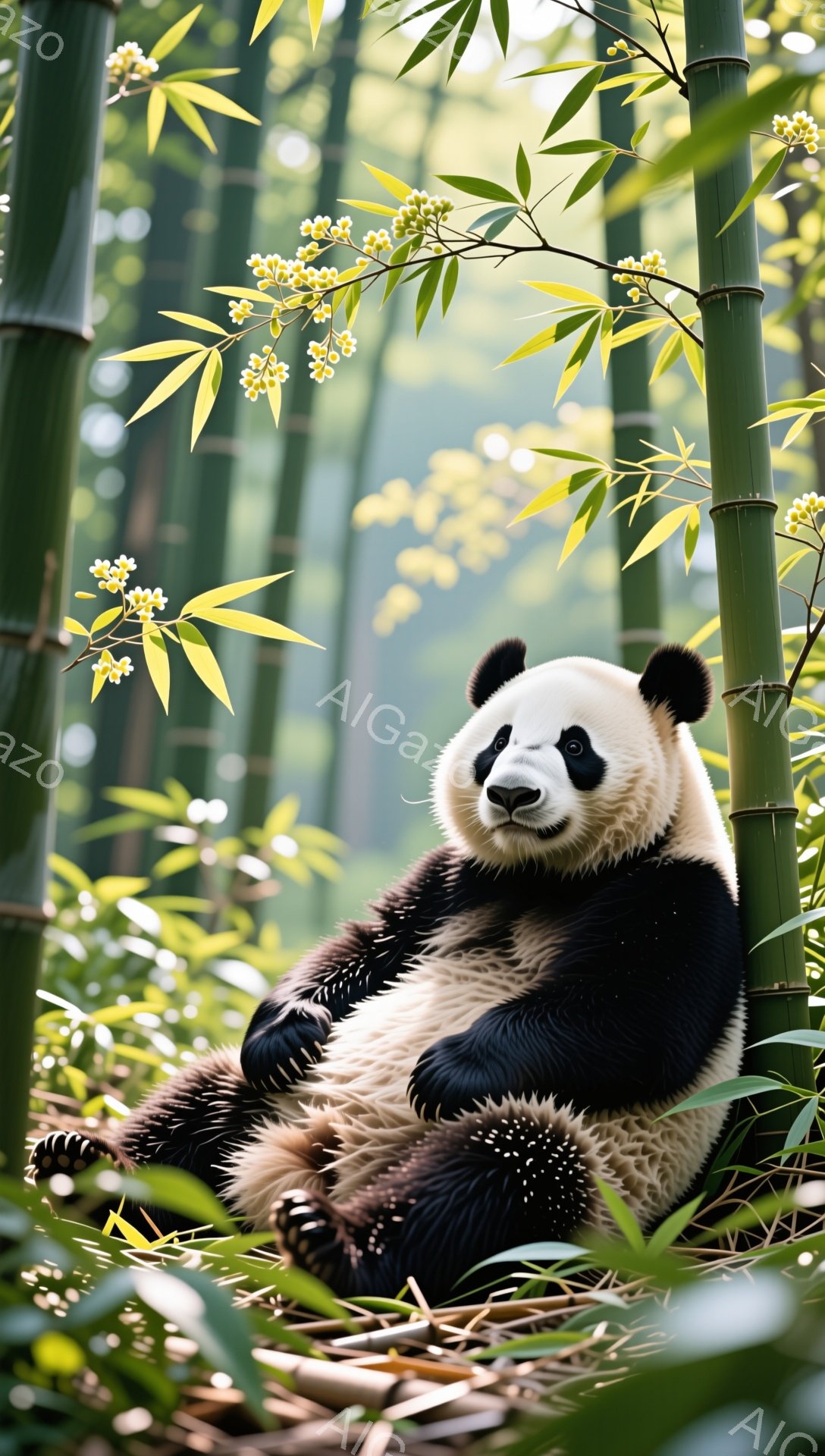 緑豊かな竹林の中にパンダが座ってリラックスしています。穏やかな表情で、丸みを帯びたフォルムが可愛らしさを引き立てています。背景の竹の葉と柔らかな光が、平和な雰囲気を醸し出しています。