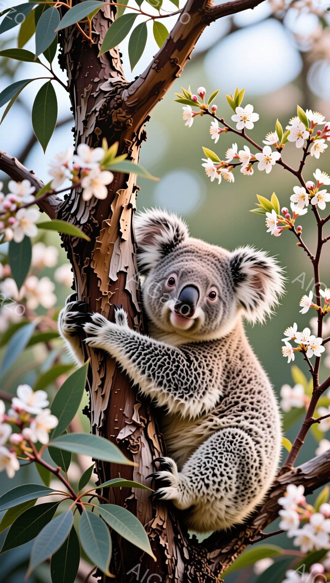 コアラが木の幹にしがみついています。周りにはピンク色の花が咲き乱れ、春らしい暖かな雰囲気が漂っています。ふわふわの毛並みと可愛らしい表情が印象的です。