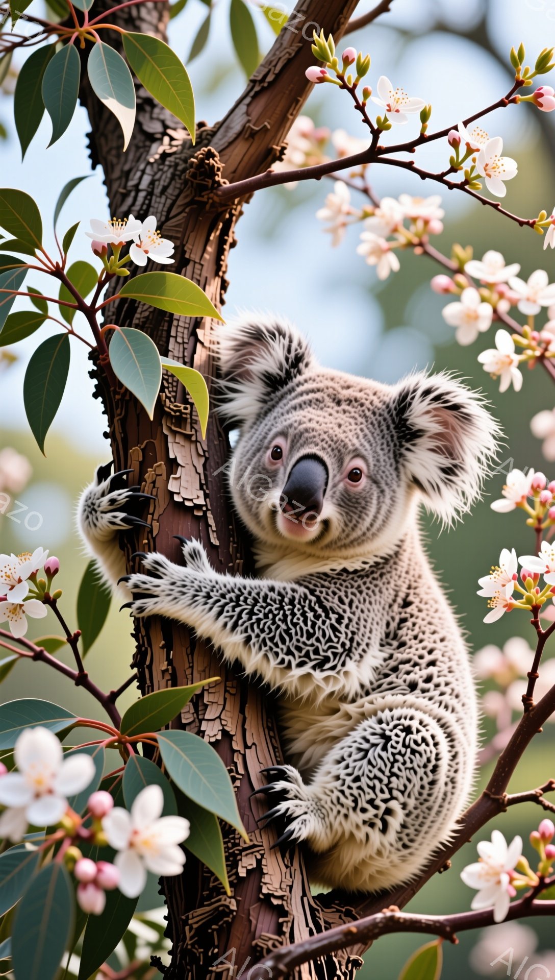 コアラが木の幹にしがみつき、可愛らしい表情でこちらを見ています。背景には、淡いピンク色の花が咲き乱れ、春の穏やかな雰囲気を醸し出しています。温かい日差しと可愛らしいコアラの組み合わせが、見る人に安らぎを与えます。