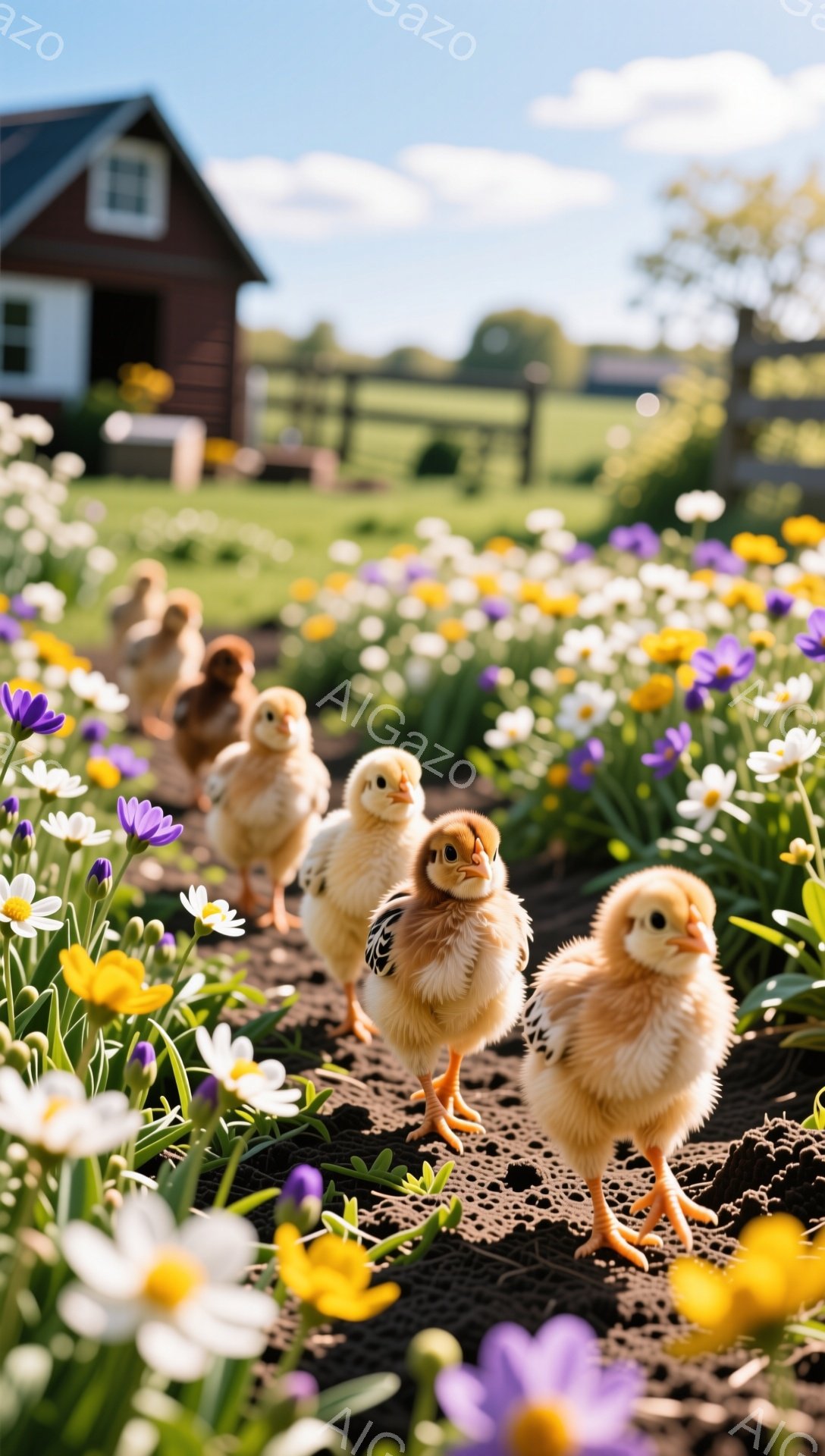 ひな鳥たちが紫と黄色の花畑の中を歩いている。小さな鳥たちはふわふわとした羽毛を持ち、好奇心旺盛な表情で前を見ている。背景には小さな家と緑豊かな風景が広がっており、春の穏やかな雰囲気が漂っている。