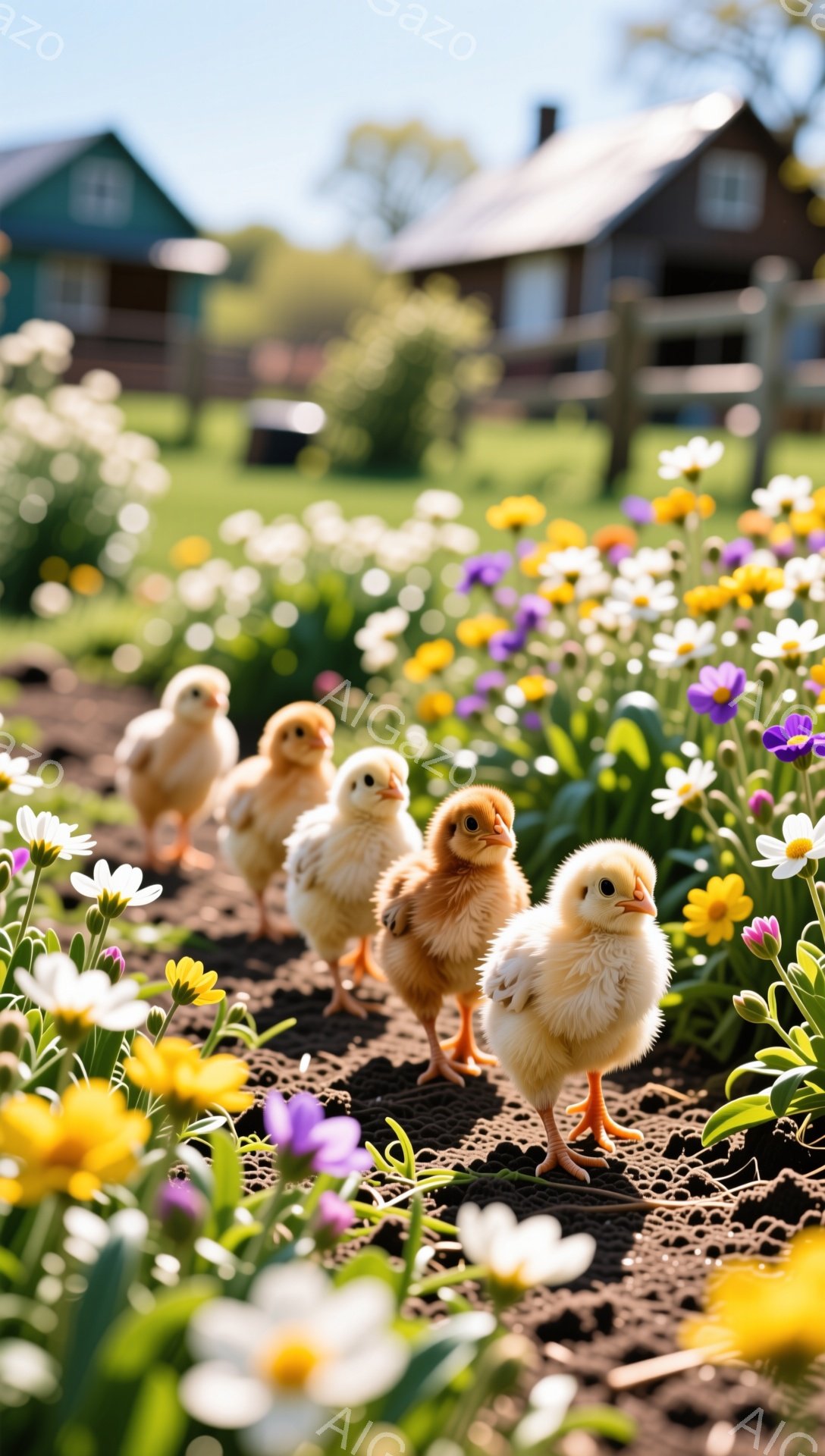 可愛らしいヒヨコたちが花畑の中を元気いっぱいに歩いています。背景には木造の家が見え、穏やかで春らしい雰囲気が漂っています。鮮やかな花々とヒヨコのコントラストが、暖かく優しい印象を与えます。