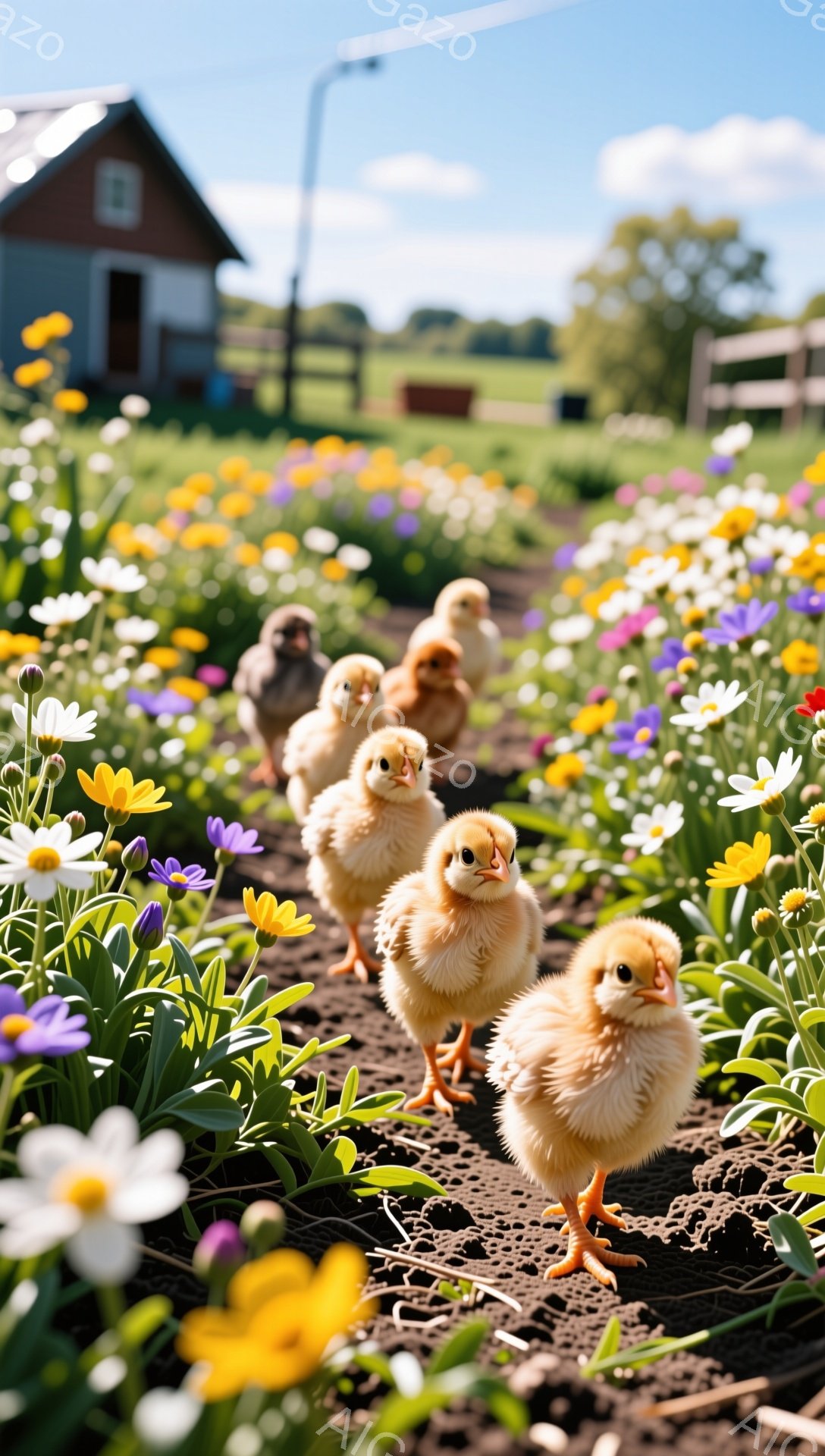 鮮やかな野花が咲き乱れる畑の中を、ふわふわのヒヨコたちが列になって歩いている。春の暖かい日差しが降り注ぎ、生命力に満ち溢れた、可愛らしい光景だ。背景には、赤い屋根の農家と青空が広がっている。