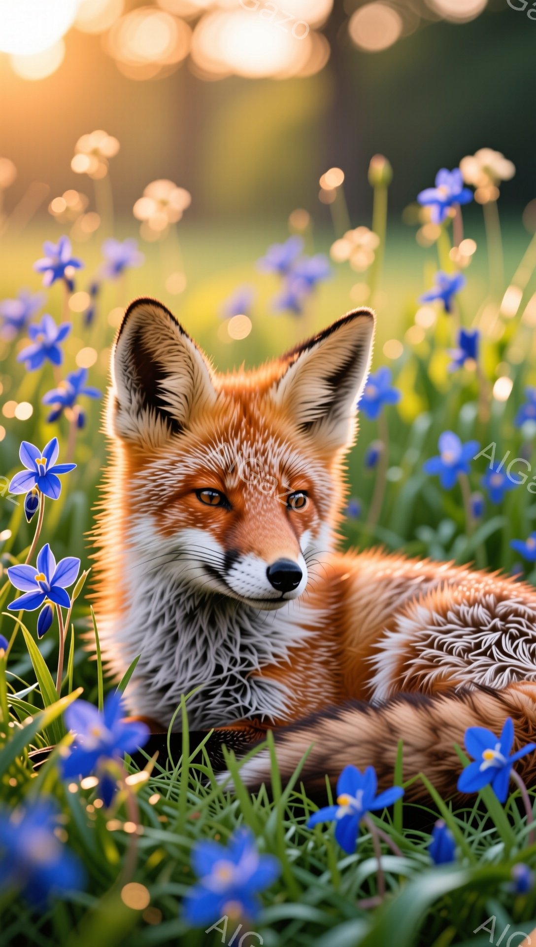 鮮やかな青い花が咲き乱れる草原に、美しい毛並みの狐が横たわっています。太陽の光が暖かく降り注ぎ、狐の毛並みを金色に輝かせています。穏やかで平和な雰囲気が漂う、自然豊かな風景です。
