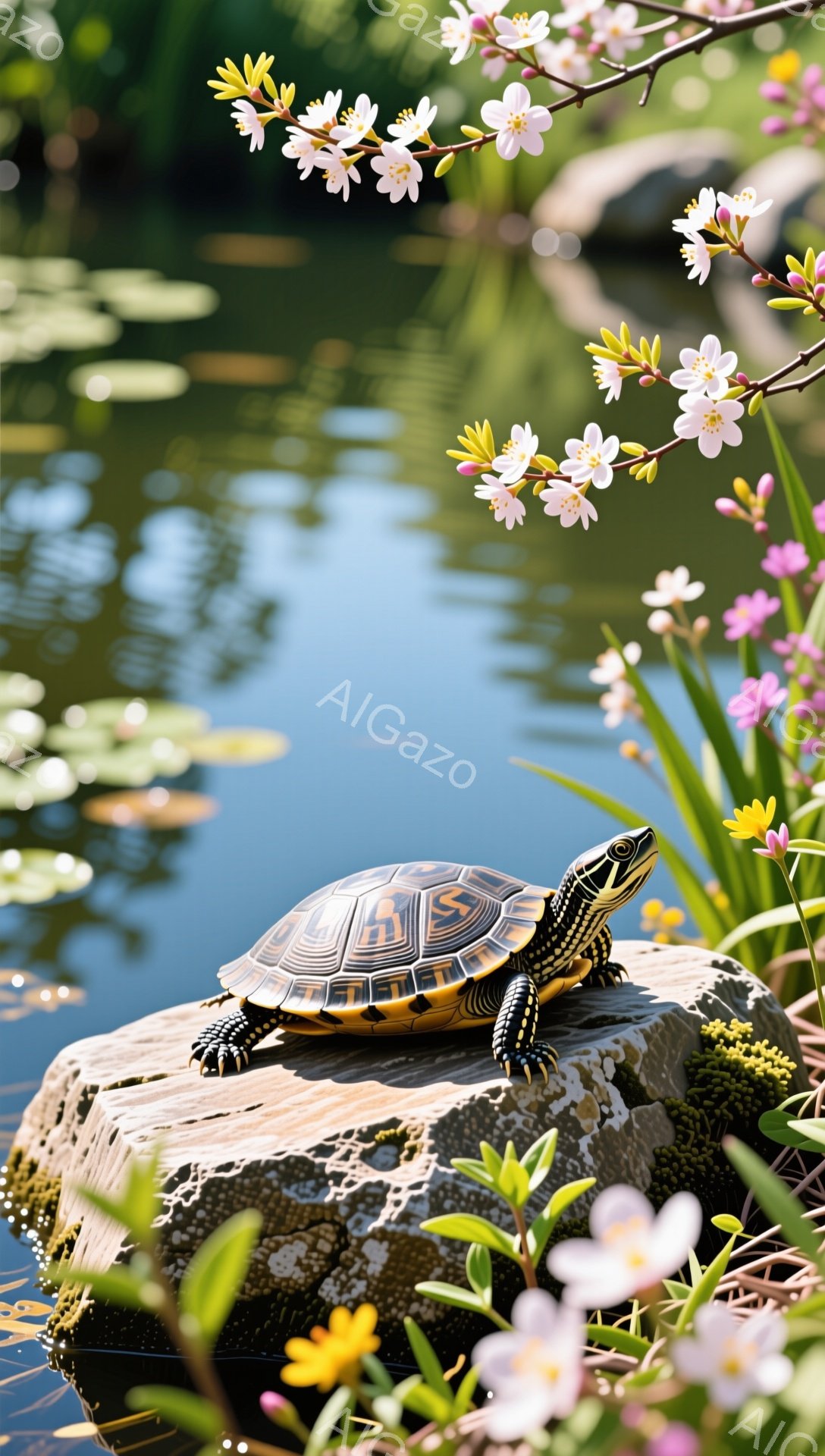 明るい日差しの中、カメが岩の上にちょこんと座っています。背景には水面とピンクや黄色の花が咲き誇り、穏やかな春の雰囲気を醸し出しています。水面に映る空と花とのコントラストが美しい一枚です。 - AI生成フリー素材