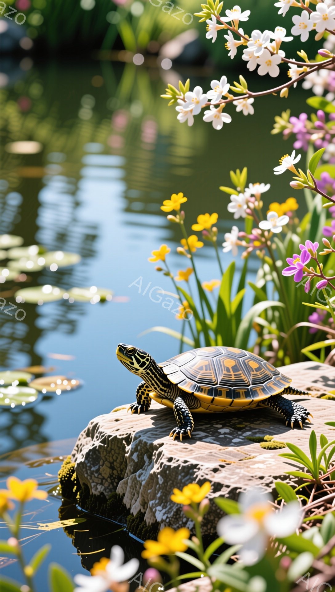 太陽の光を浴びて、岩の上に佇むカメが描かれています。周囲には黄色とピンクの花が咲き乱れ、水面は穏やかに光を反射しています。春の暖かさと生命力を感じさせる、美しい情景です。