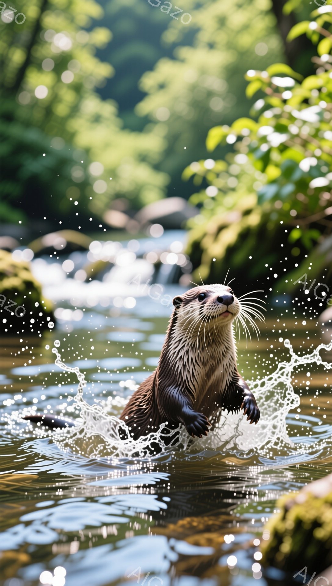 カワウソが水面から飛び出してきて、水しぶきが舞い上がっています。周囲は緑豊かな木々に囲まれ、太陽の光が差し込み、水面がキラキラと輝いています。生き生きとしたカワウソの姿が、自然の美しさを引き立てています。