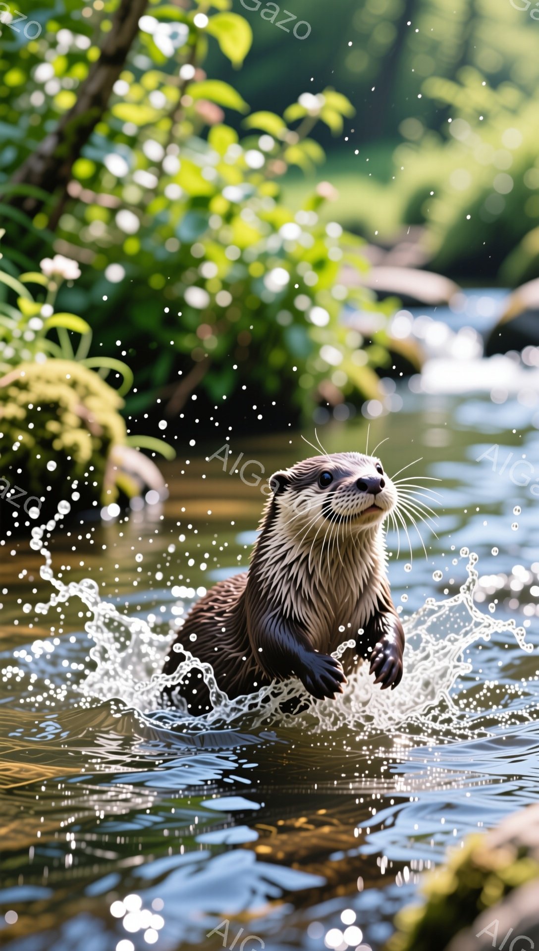 カワウソが水面から顔を出してこちらを見ています。周囲には水しぶきが飛び散り、緑豊かな背景がぼやけて見え、活気のある自然の雰囲気を伝えています。可愛らしい表情と躍動感のある姿が印象的です。 - AI生成フリー素材