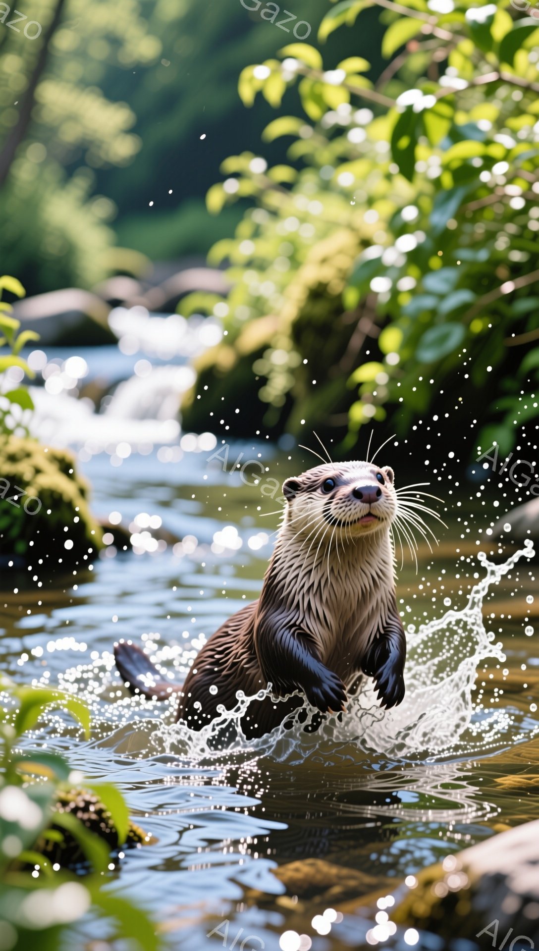 カワウソが水面から飛び出し、水しぶきを上げている。背景には緑豊かな植物と水流が見られ、自然の中で生き生きと暮らすカワウソの姿が捉えられている。明るい日差しが水面に反射し、爽やかな雰囲気を醸し出している - AI生成フリー素材