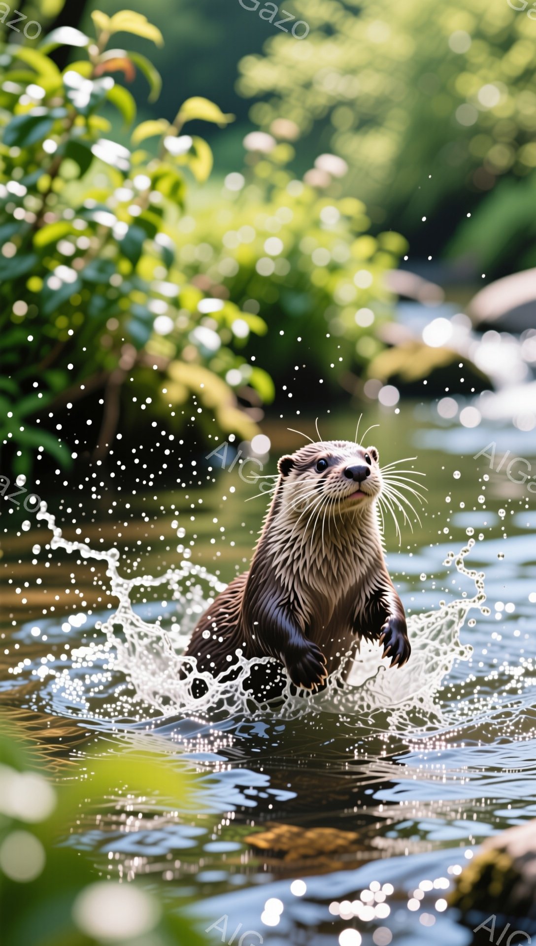 水中で楽しそうに泳ぐカワウソが写っています。水しぶきが飛び散り、周囲の緑とのコントラストが美しいです。生き生きとしたカワウソの表情と動きが、見る人に元気を与えます。