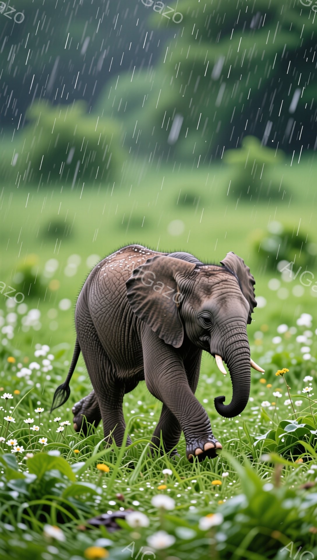 茂った緑の草地に、小さな象が歩いています。雨が降り、周囲の花々が濡れています。象の表情は穏やかで、のどかな雰囲気です。