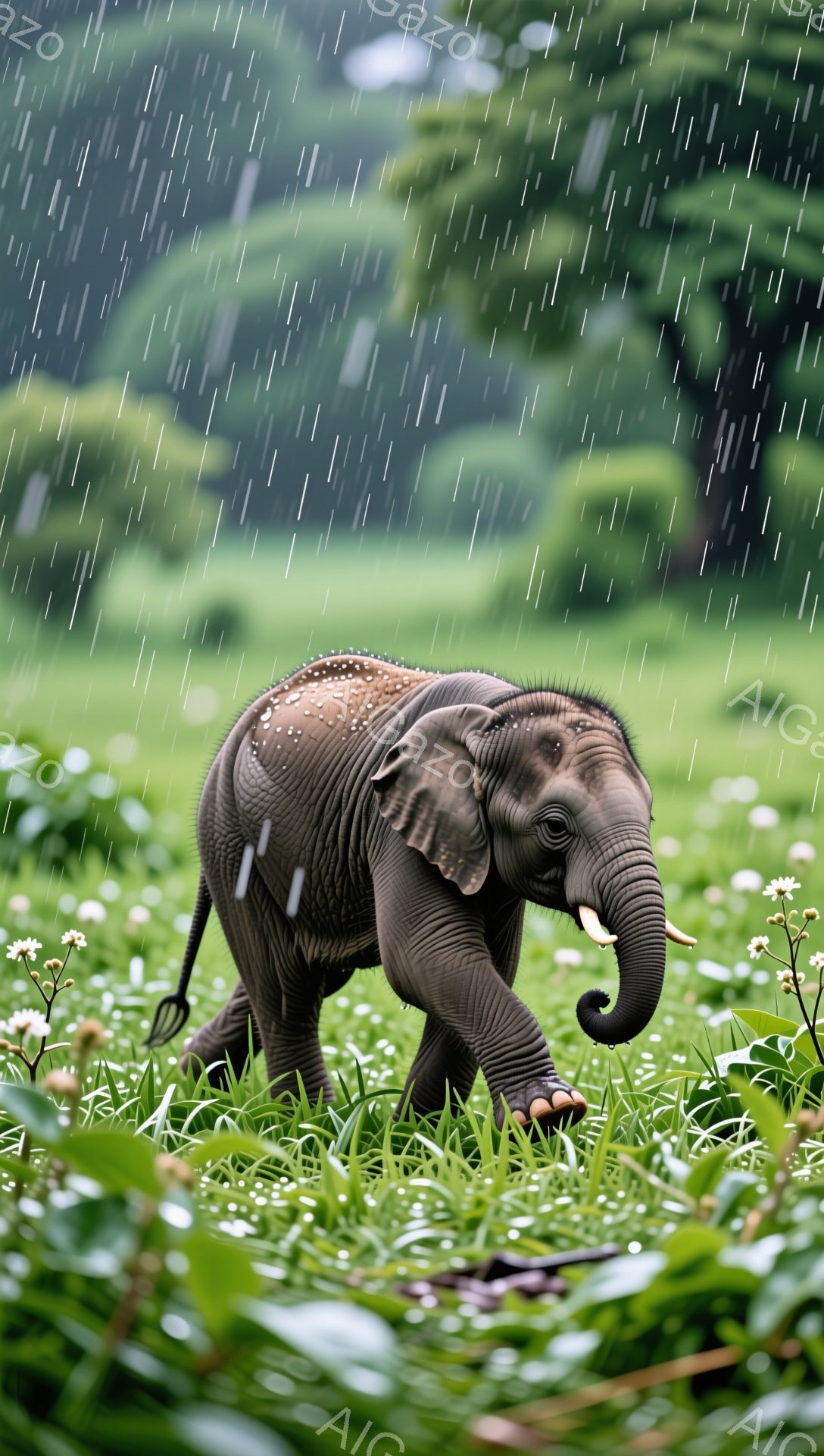 鮮やかな緑の草地に子象が立っている。雨が降り注ぎ、子象の背中には雨粒が光っている。周りには白い花が咲き乱れ、幻想的な雰囲気を醸し出している。