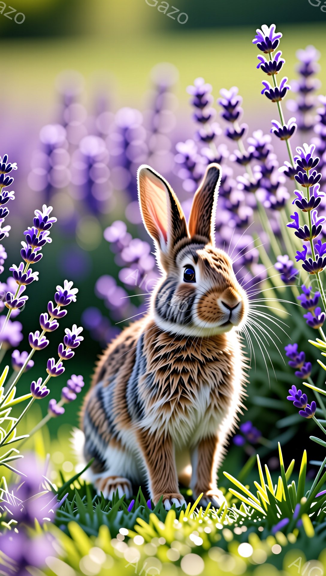 鮮やかなラベンダー畑で、愛らしい茶色のウサギが正面を見つめています。ウサギは緑の草の上に座り、長い耳をピンと立てて、好奇心に満ちた表情をしています。背景には、ぼやけた紫色のラベンダーの花が咲き乱れ、暖かい夏の日の穏やかな雰囲気を醸し出しています。