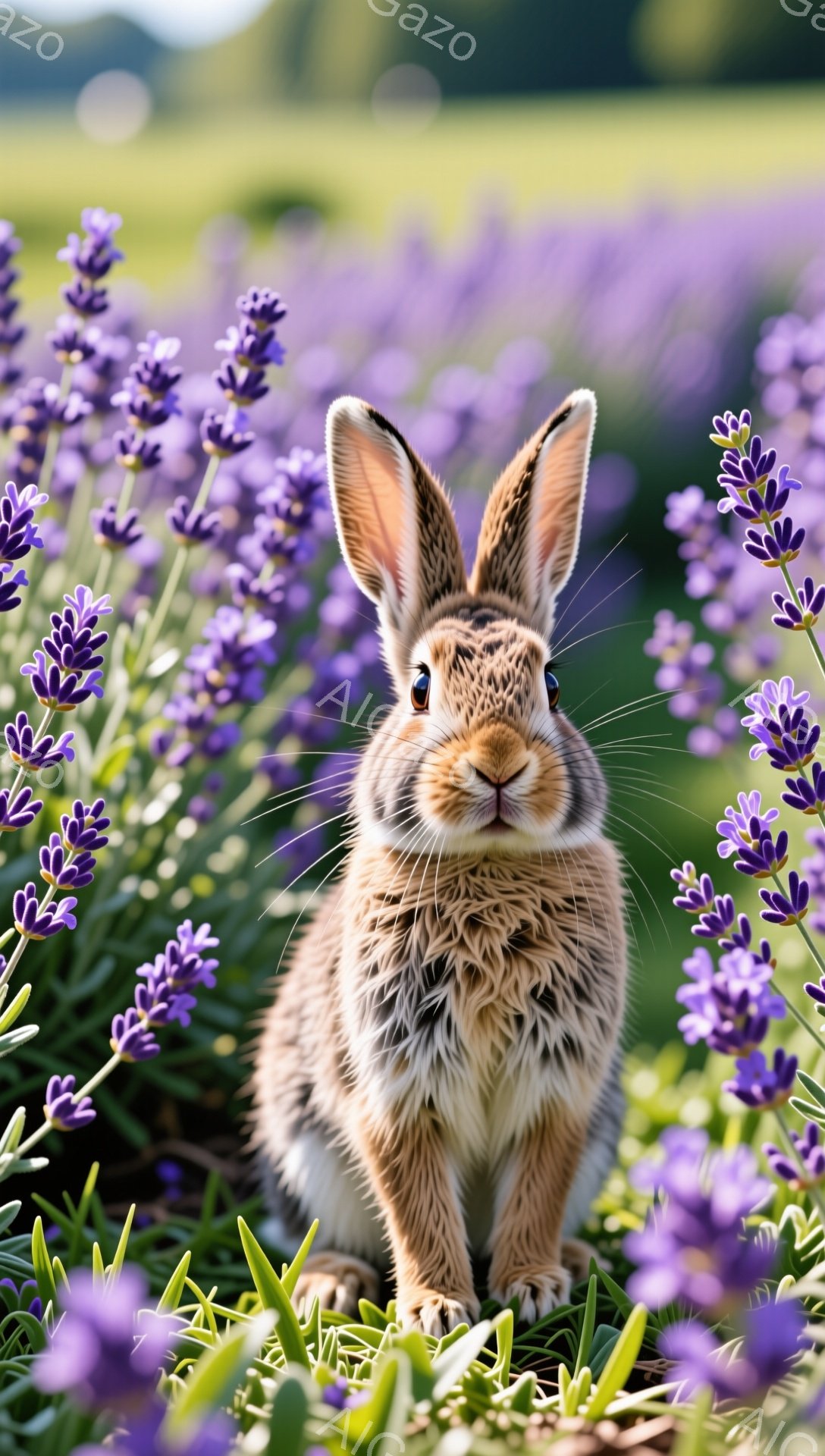 ラベンダー畑にいる茶色のウサギがこちらを見ている。毛並みが美しく、大きな耳が特徴的だ。背景は紫色の花で覆われ、穏やかで平和な雰囲気を感じさせる。