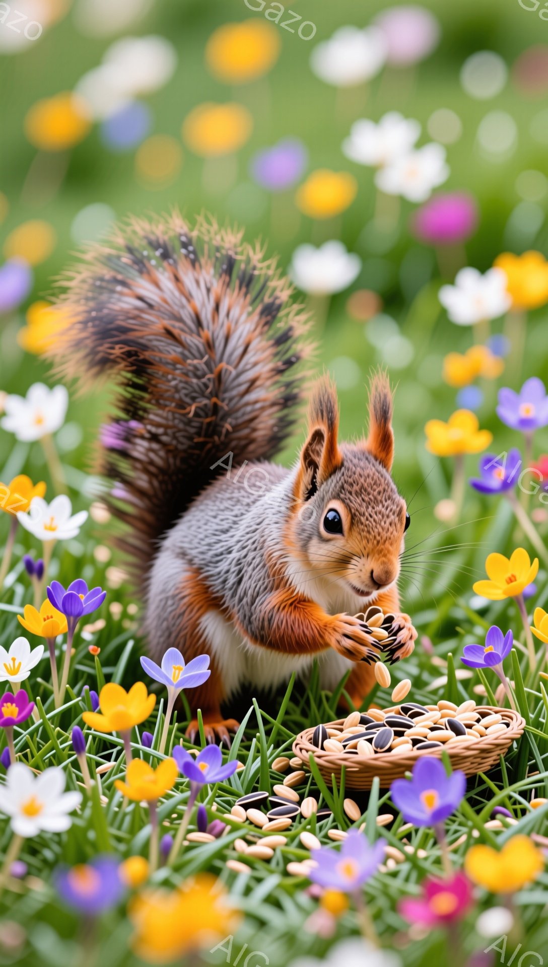 明るい緑の草原にリスがおり、口いっぱいに種子を詰めています。周りには紫、白、黄色の花が咲き乱れ、春の暖かい雰囲気を感じさせます。小さなバスケットが種子のそばに置かれており、リスがおやつを楽しんでいる様 - AI生成フリー素材