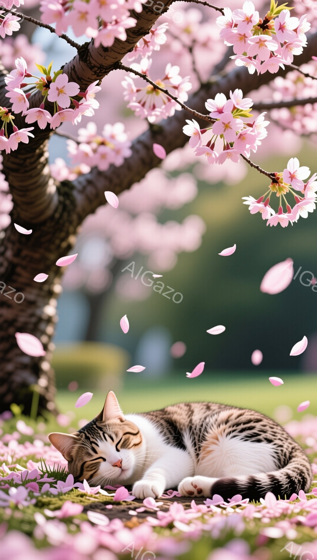 桜の木の下で、白と茶色の縞模様の猫が穏やかに横たわっています。桜の花びらが猫の周りを舞い、春の暖かく穏やかな雰囲気を醸し出しています。緑の草の上に散らばった花びらは、猫の安らかな眠りをさらに引き立てて - AI生成フリー素材