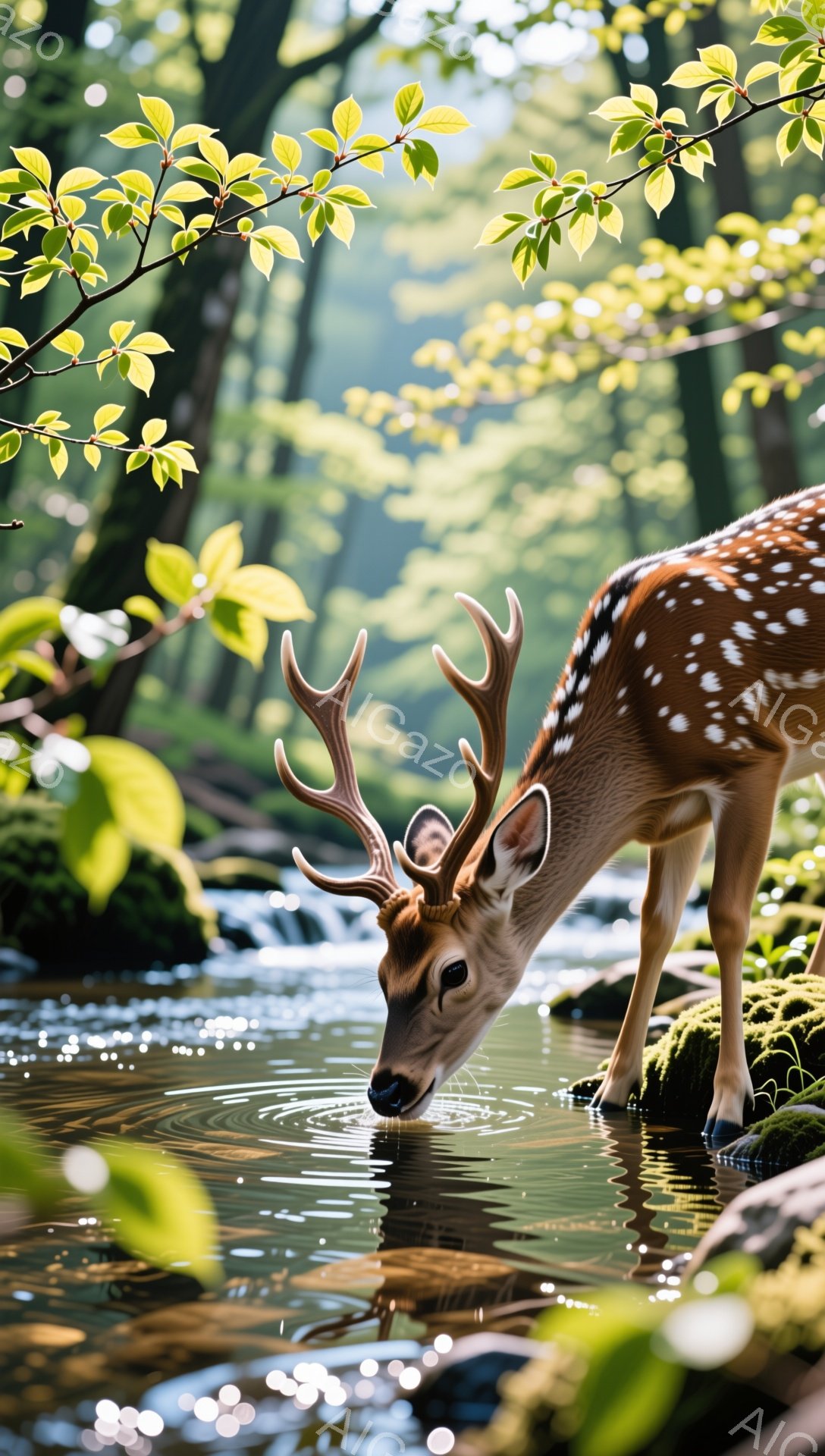 若い雄鹿が、緑豊かな林の中の澄んだ水たまりで水を飲んでいます。日差しが木々の間から差し込み、水面がきらきらと輝き、穏やかな雰囲気を醸し出しています。鹿の毛並みは美しく、その姿は自然の中に溶け込んでいます。
