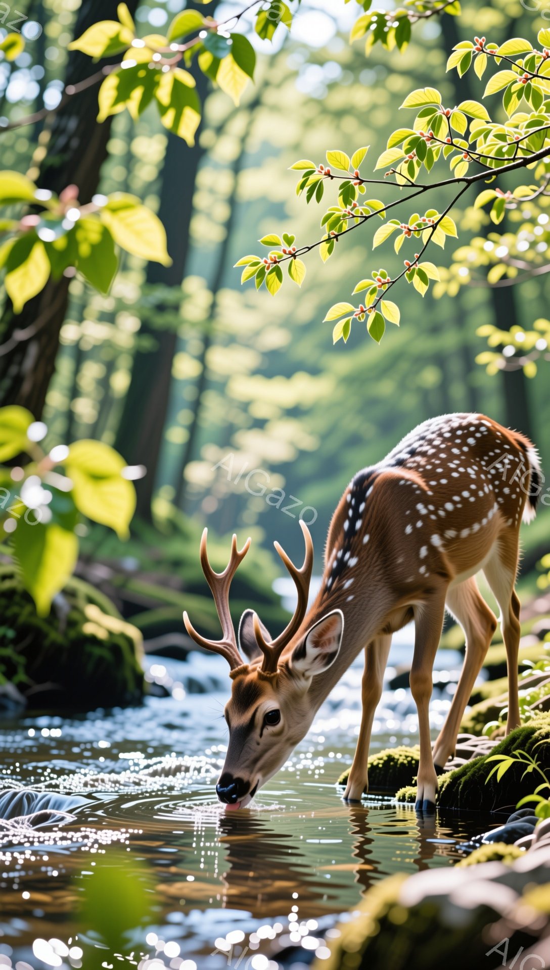 鹿が清らかな水場で水を飲んでいます。緑豊かな森の中、日差しが木々の間から差し込み、穏やかな雰囲気を醸し出しています。毛並みは美しく、自然の恵みを感じさせる光景です。