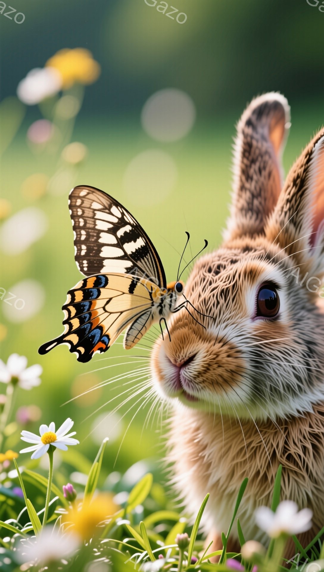 鮮やかな緑の草地に、毛むくじゃらの茶色のウサギがおり、顔の近くにはオレンジと黒の模様の蝶が舞っている。ウサギは興味深そうに蝶を見つめ、周囲には小さな白い花や黄色い花が咲き乱れている。優しい光が全体を包 - AI生成フリー素材