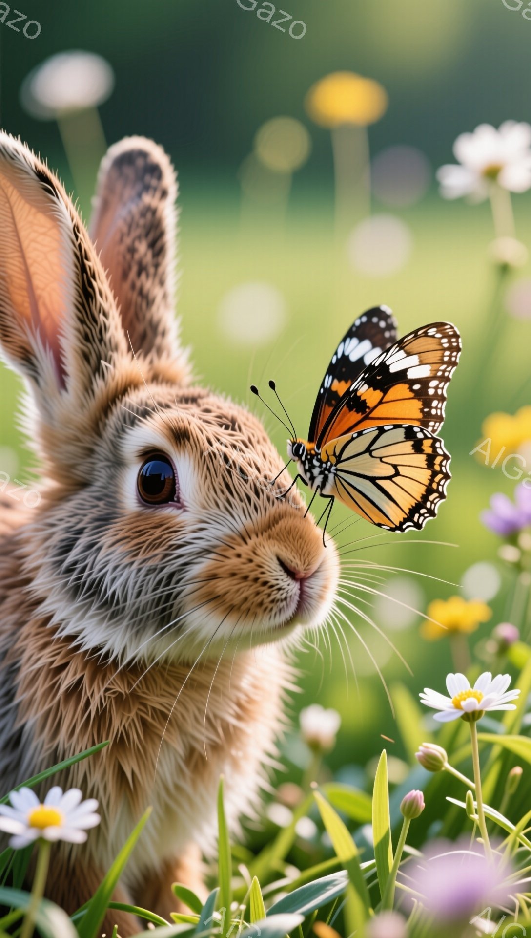 緑豊かな草原で、かわいらしい茶色のウサギが花の間から顔を出し、オレンジと黒の美しい蝶が鼻先に止まっています。ウサギは好奇心いっぱいの表情で蝶を見つめており、春の穏やかな雰囲気が伝わってきます。背景にはぼやけた花々が広がり、柔らかい光が全体を包み込んでいます。