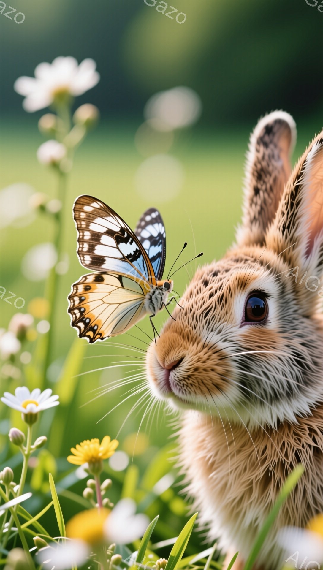 緑豊かな草地のなかで、蝶が鼻に止まった可愛らしい子ウサギが写っています。ウサギは優しい表情で、静かな自然の中で平和な時間を過ごしているようです。背景には黄色と白の小さな花々が咲き乱れ、春の穏やかな雰囲気を演出しています。