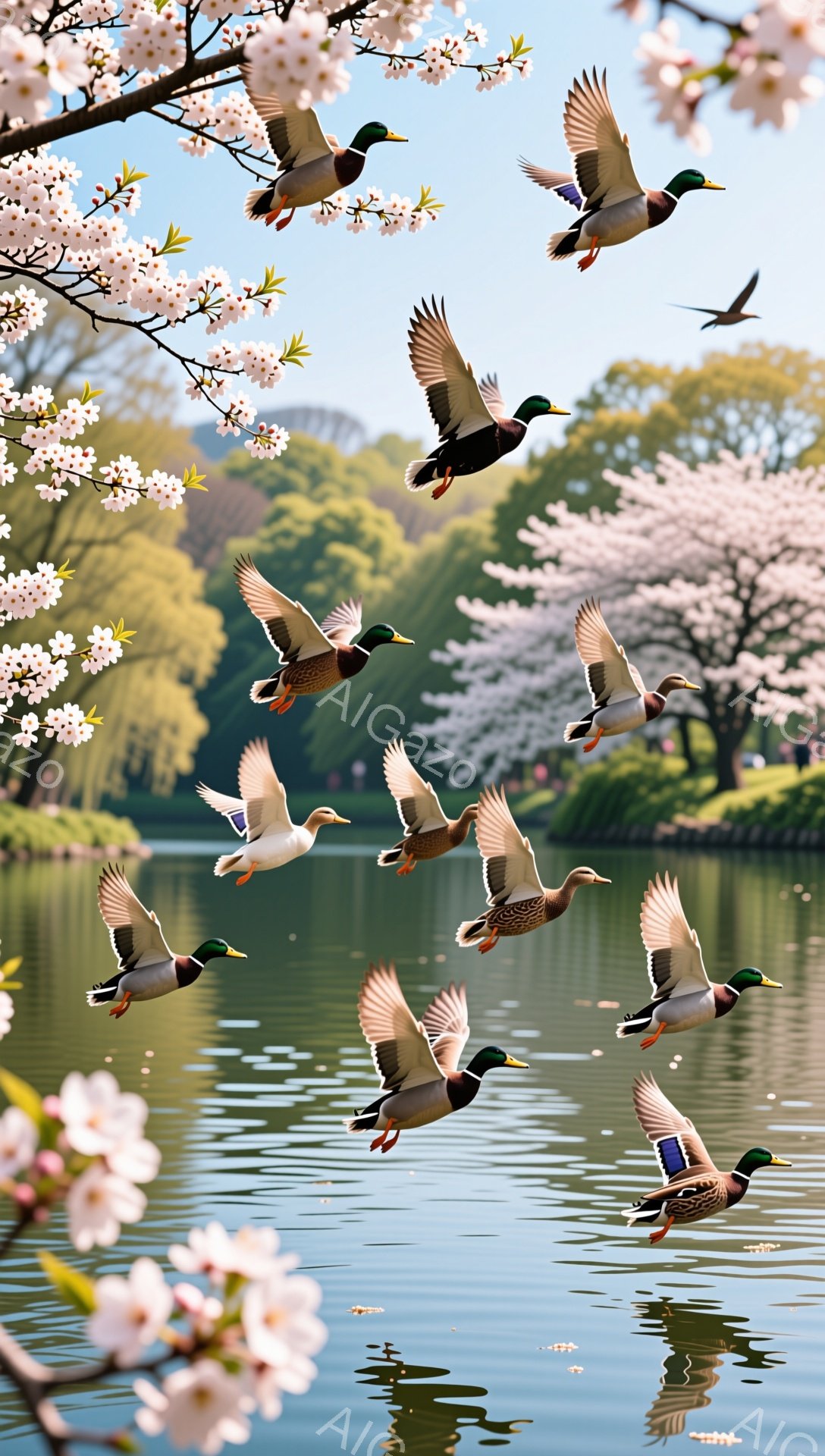春の穏やかな日差しの中、多くのマガモが湖の上を飛んでいる。桜の花びらが舞い、水面に映る鴨たちの影が美しい光景を作り出している。穏やかな雰囲気で、春の訪れを感じさせる一枚だ。