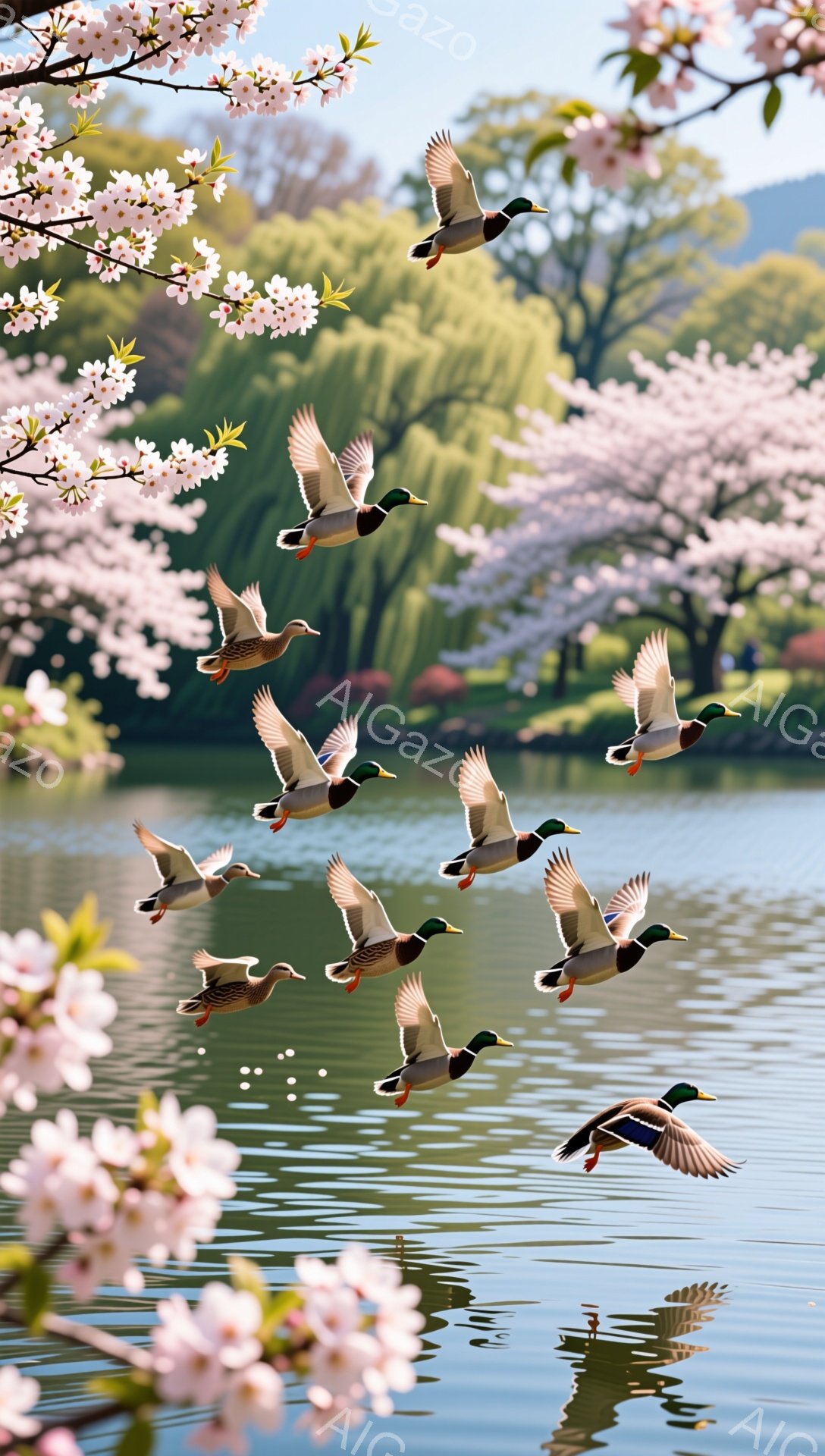 桜並木の上をマガモの群れが飛んでいる美しい風景です。水面には鳥たちの影が映り込み、穏やかな春の雰囲気が伝わってきます。鮮やかな緑とピンクのコントラストが、自然の美しさを際立たせています。