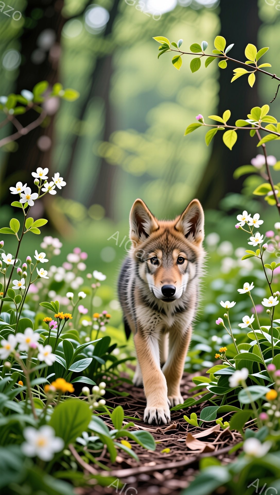 緑豊かな森林の中で、子ギツネが花の間を歩いている。その毛並みは赤茶色とクリーム色のコントラストが美しく、好奇心旺盛な表情でこちらを見ている。光が差し込み、幻想的で穏やかな雰囲気が漂っている。