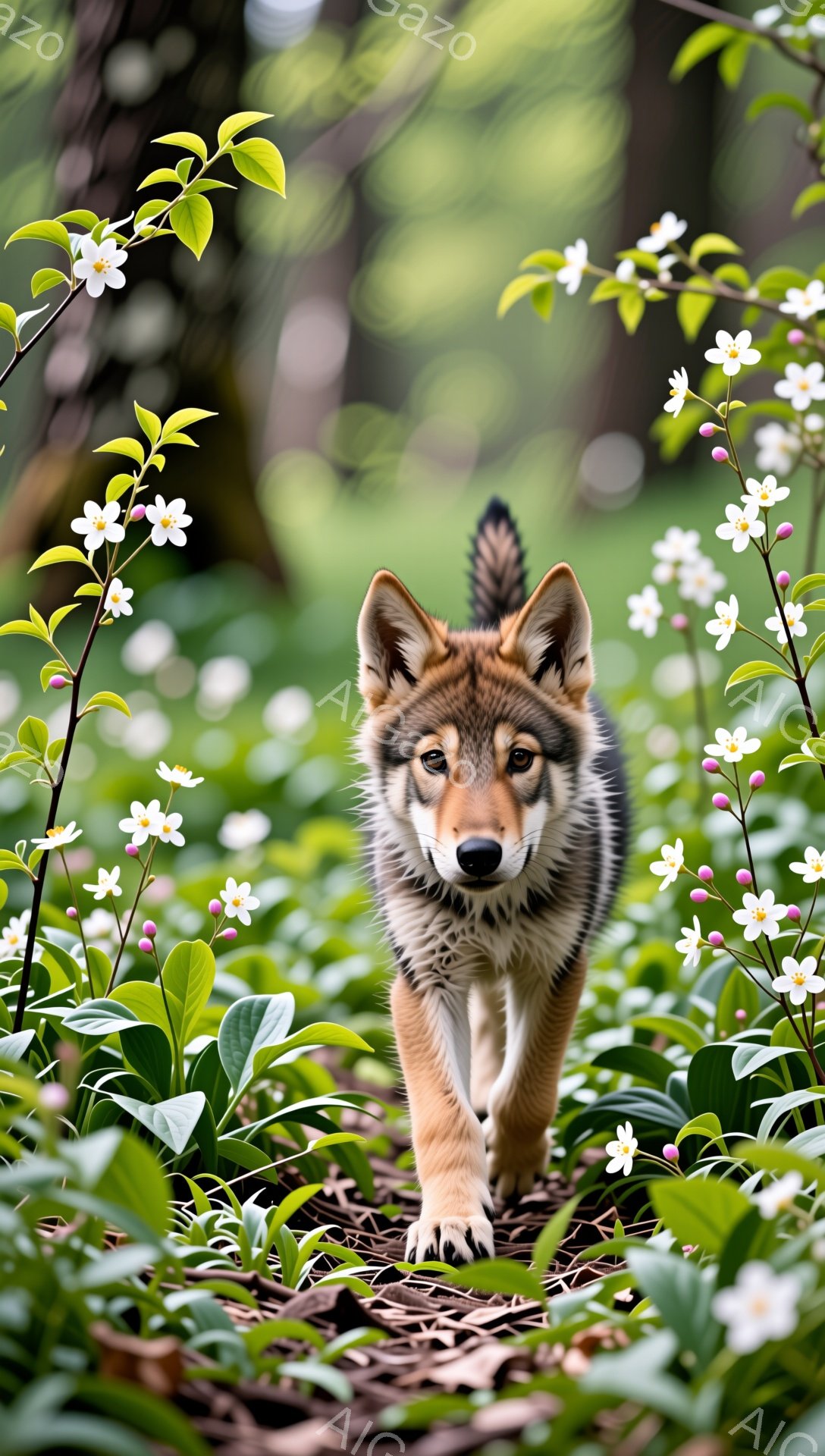 小さなキツネが緑豊かな草花の中で前を見据えて歩いている。白とピンクの花が咲き乱れ、春の暖かく穏やかな雰囲気を醸し出している。キツネの毛並みは茶色と白で、可愛らしい印象を与える。 - AI生成フリー素材