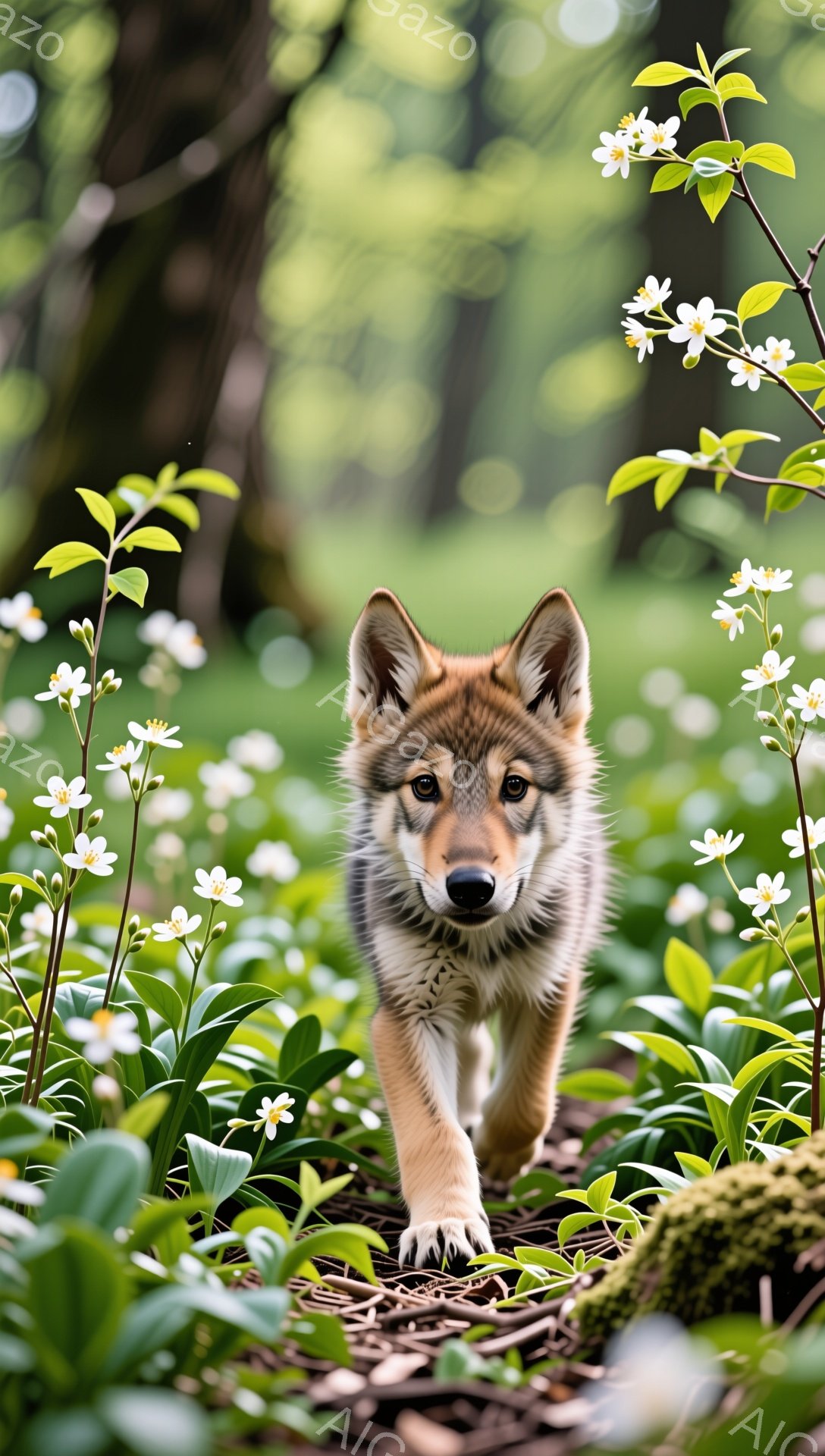 幼いオオカミが花々の中を駆け抜けている。緑豊かな森の中で、太陽の光が差し込み、生命力に満ちた雰囲気を作り出している。可愛らしい表情と毛並みが、見る者の心を温かくする。