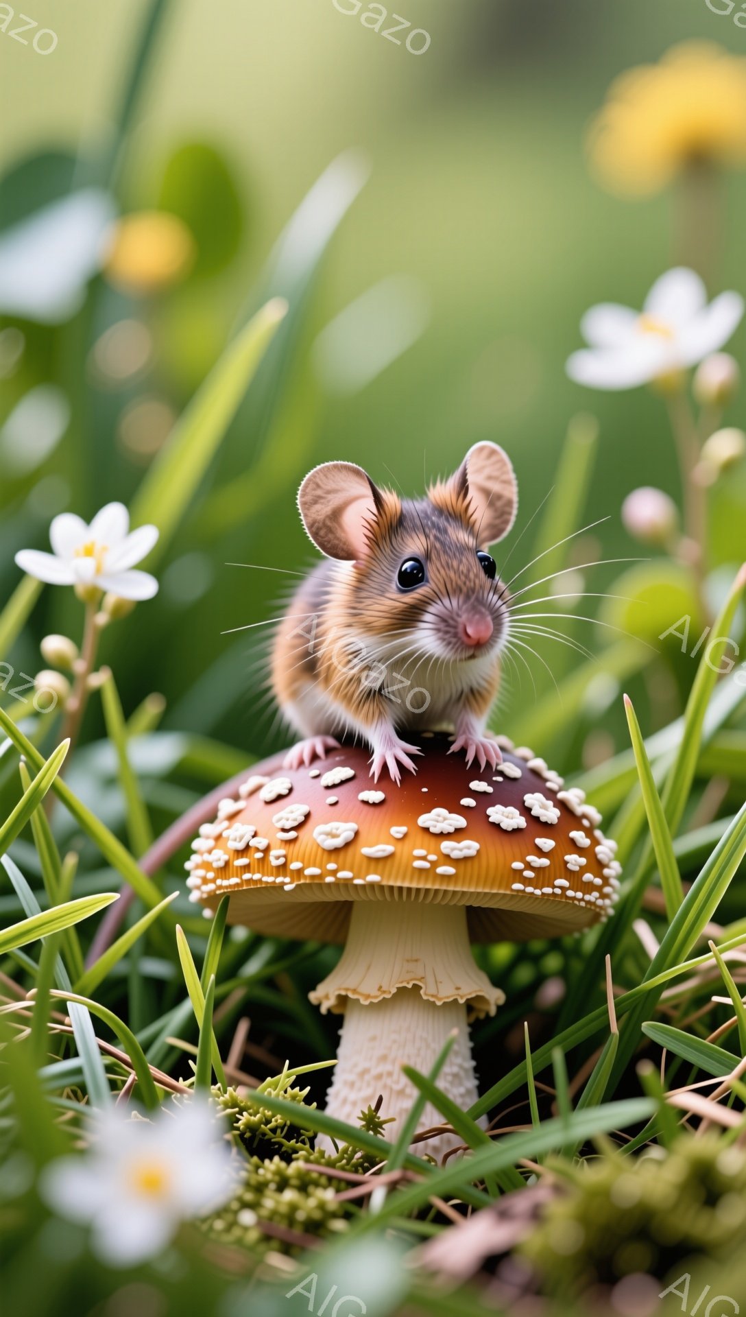 緑の草むらの中に、赤いキノコの上に小さなネズミが立っています。ネズミは好奇心と少しの緊張を交えた表情で、前足をキノコにつけています。背景には白い花が咲き乱れ、柔らかい光が降り注いでいます。