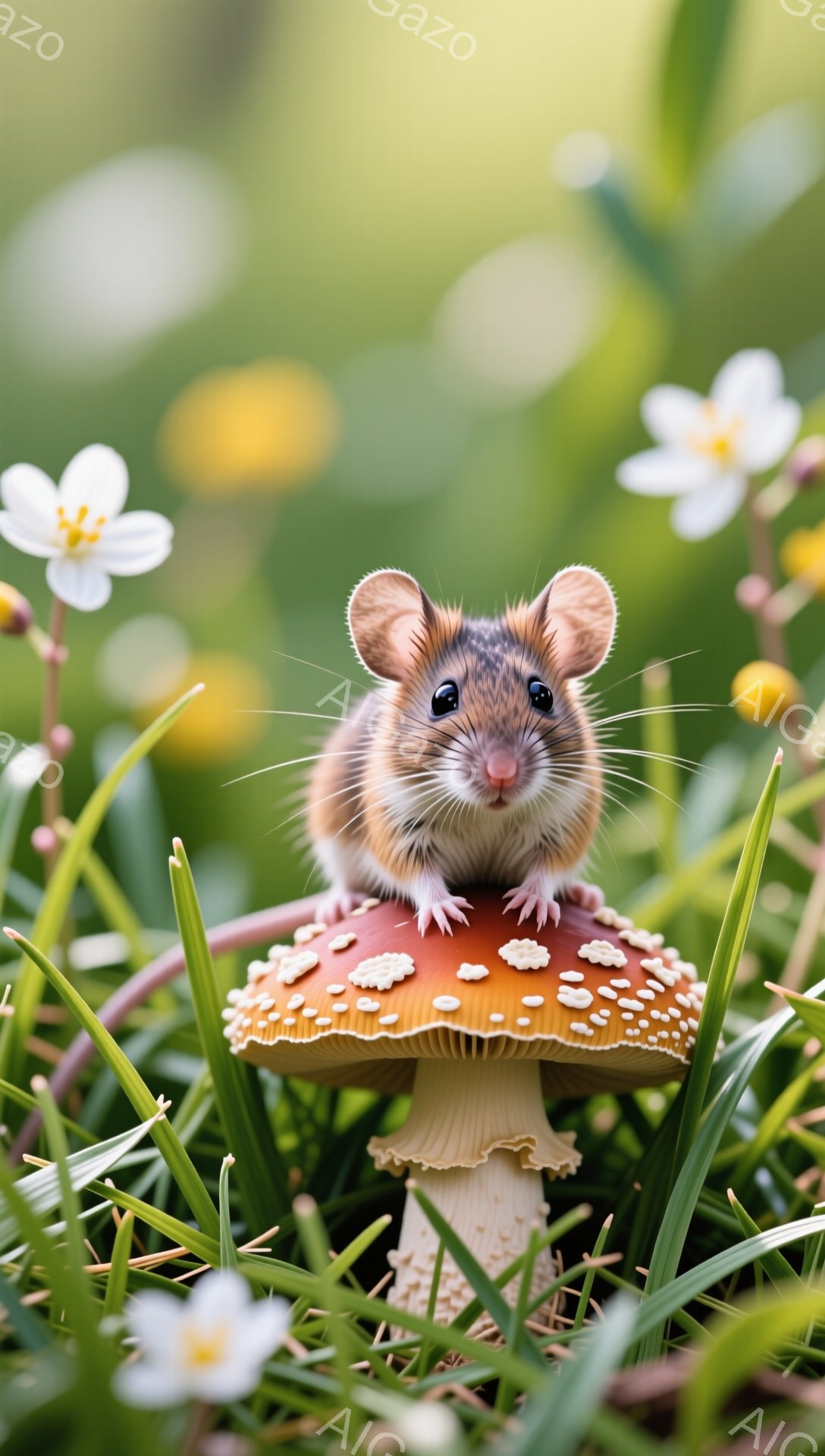 小さなネズミが赤いキノコの上に座ってこちらを見ています。周りには白い花が咲き、緑の草が生い茂っています。暖かい日差しが差し込み、可愛らしい雰囲気の自然の風景です。 - AI生成フリー素材