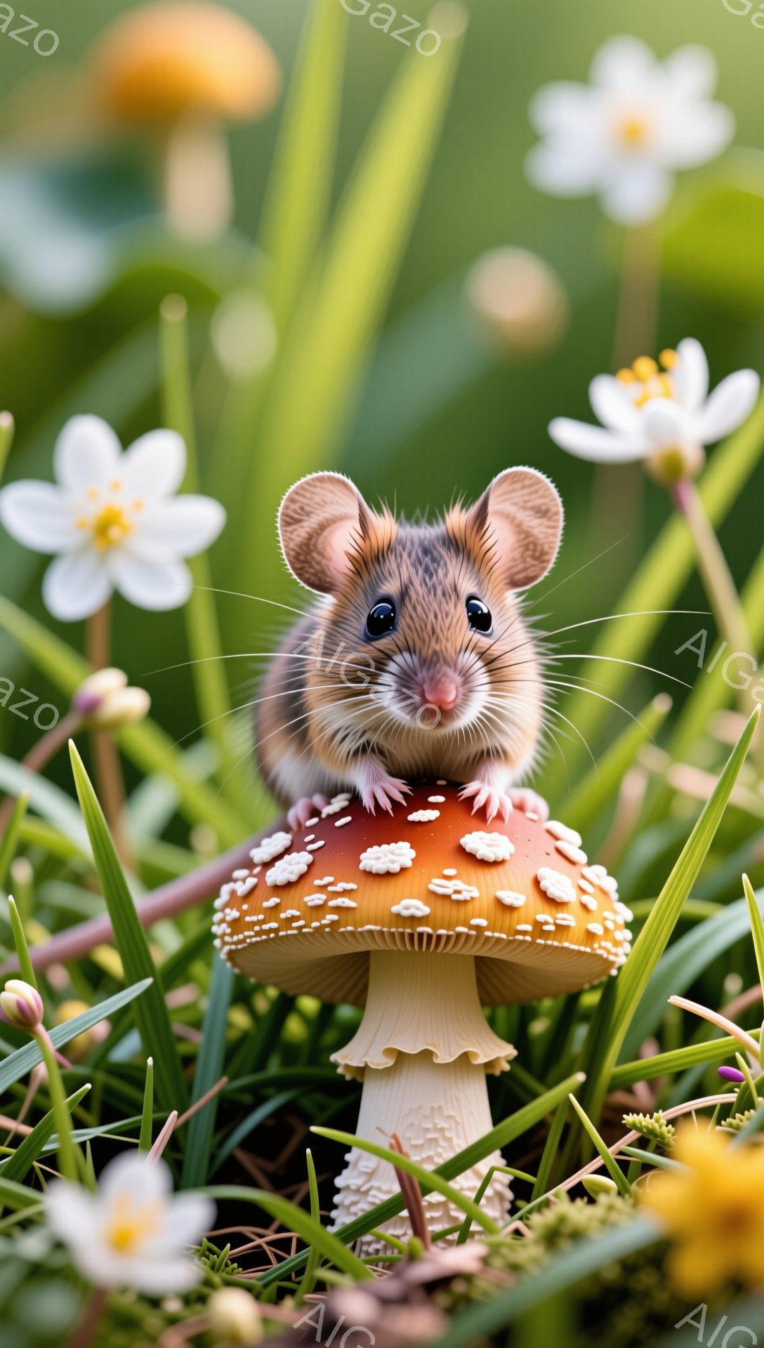 緑の草むらに赤いきのこの上に乗った小さなネズミがいます。ネズミは前足を組み、少し上目遣いでどこかを見つめており、可愛らしい表情をしています。背景には白い花が咲き、鮮やかな自然の雰囲気が漂っています。 - AI生成フリー素材