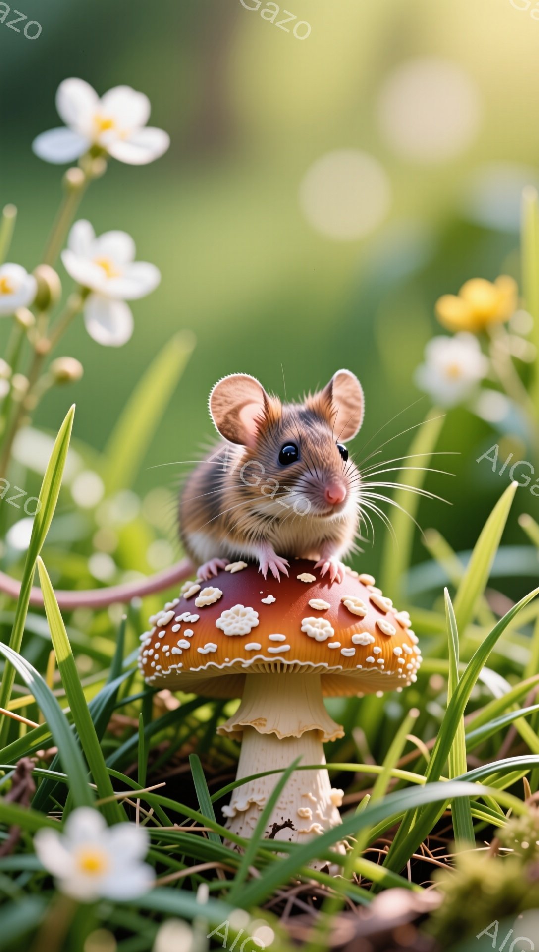 草原に咲くキノコの笠の上に乗った小さなネズミがいます。そのネズミは好奇心旺盛な表情で、周囲を見渡しています。緑の草と白い花が背景を彩り、温かく穏やかな雰囲気を醸し出しています。