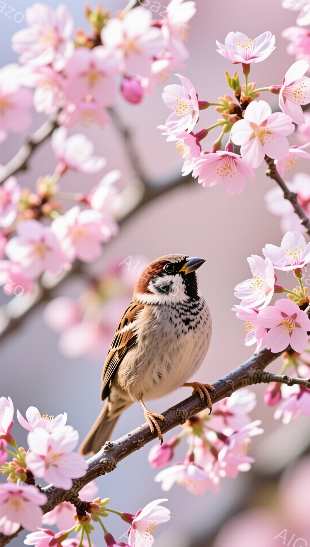 桜の枝にとまっている雀が描かれています。つぶらな瞳が印象的で、春の訪れを感じさせる穏やかな雰囲気です。背景には桜の花が咲き誇り、暖かく優しい光が全体を包んでいます。
