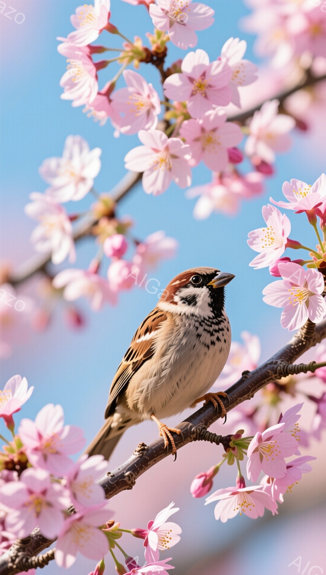 桜の枝に、一羽の雀がとまって歌っている様子が捉えられています。背景は穏やかな青空で、ピンク色の桜の花が咲き誇り、春の暖かさを感じさせます。光が柔らかく、全体的に優しい雰囲気が漂っています。 - AI生成フリー素材