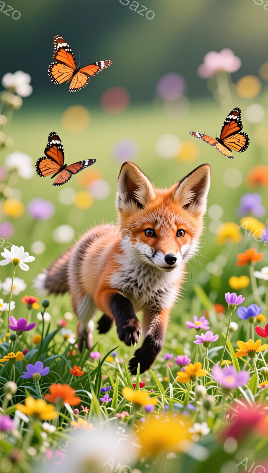 鮮やかな花畑の中を、子ぎつねが駆け抜けている。太陽の光が柔らかく降り注ぎ、蝶が舞う、生命力に満ちた暖かい光景だ。子ぎつねの毛並みは艶やかで、その表情は遊び心に満ちている。