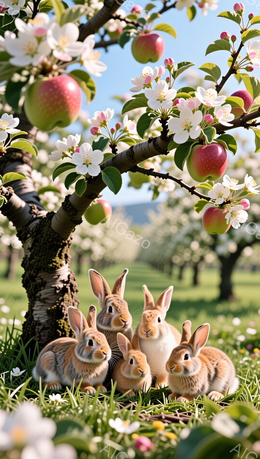 穏やかな春の日のリンゴ園で、可愛らしい子ウサギたちが集まっている。ピンクと白の花びらが舞い散り、背景にはリンゴの実がなっており、暖かく幸せな雰囲気が漂っている。ウサギたちは皆カメラ目線で、愛らしい表情 - AI生成フリー素材