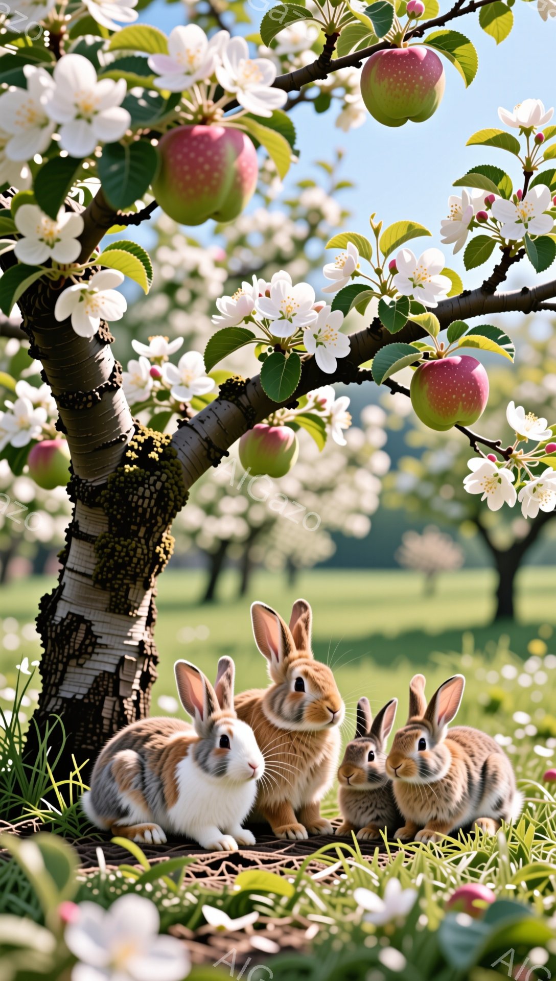 ３匹のウサギがリンゴの木の下で寄り添って座っています。背景には、リンゴの咲く木々と緑の草原が広がり、春の穏やかな雰囲気が漂います。木には赤いリンゴが実っていて、ウサギと美しいコントラストを生み出しています。