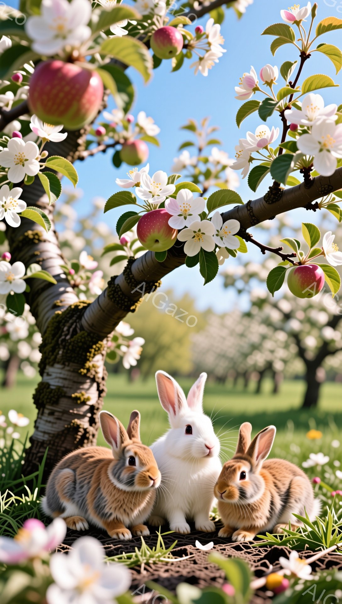 青い空の下、リンゴの木の下に三匹のウサギが座っています。茶色と白の毛並みを持つウサギたちは、春の暖かさを楽しんでいるようです。背景には、白く美しいリンゴの花が咲き乱れ、平和な雰囲気を醸し出しています。 - AI生成フリー素材