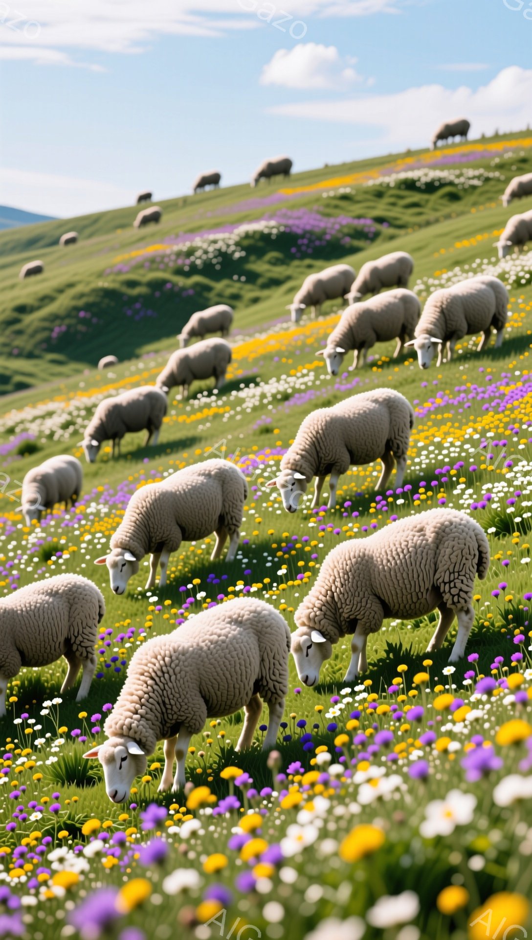 広大な緑の牧草地に、たくさんのヒツジが花の間をゆっくりと草を食んでいます。カラフルな花々が咲き乱れ、ヒツジの白い毛並みとのコントラストが美しい風景です。穏やかで平和な雰囲気が漂い、のどかな田園生活を感じさせます。