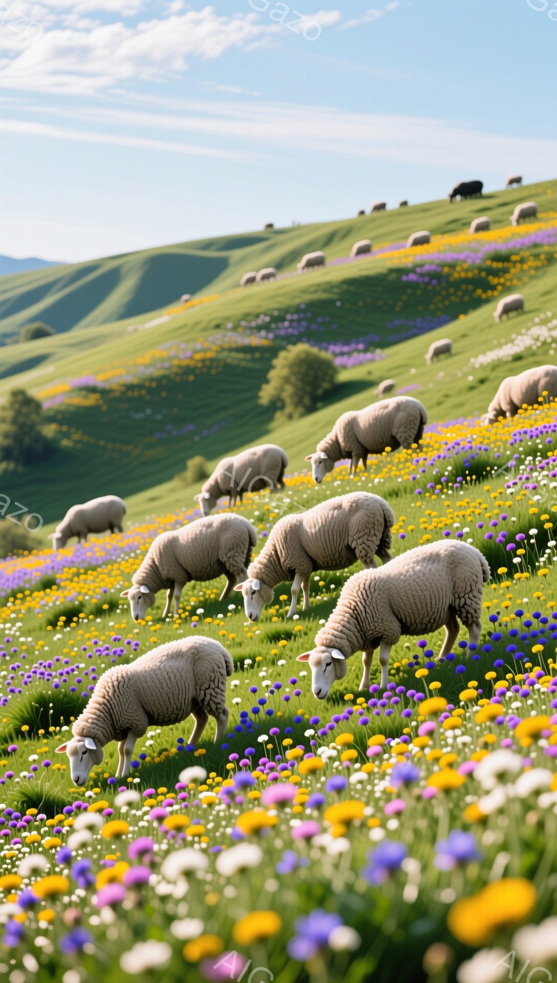 広大な緑の丘に、たくさんのヒツジが自由に草を食んでいます。色とりどりの花が咲き乱れ、のどかな田園風景が広がっています。穏やかな日差しと優しい風が、平和な雰囲気を醸し出しています。