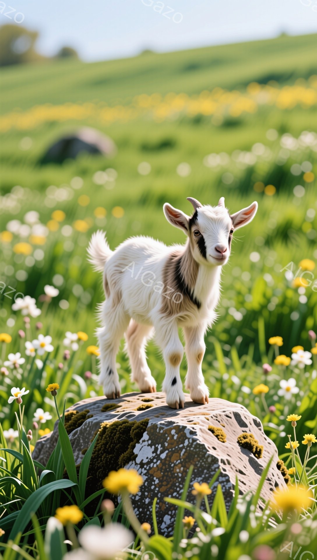 白と茶色のヤギが岩の上に立っています。周囲には黄色や白の花が咲き乱れ、緑の草原が広がっています。穏やかで可愛らしい光景で、自然の中でリラックスした雰囲気が感じられます。 - AI生成フリー素材