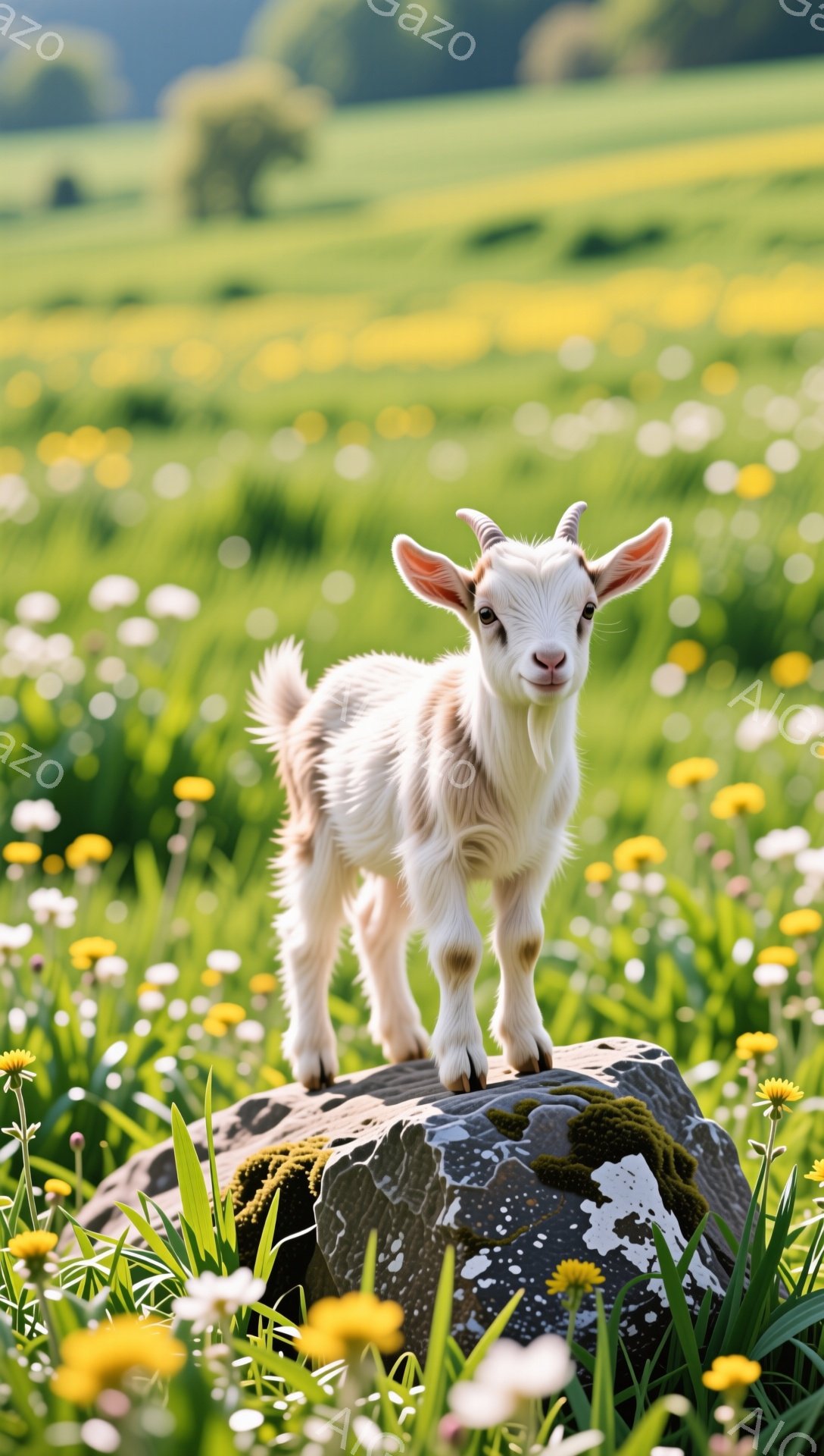 緑豊かな草原の上に、子ヤギが岩の上に立っている。ヤギはクリーム色と茶色の毛並みで、好奇心旺盛な表情でこちらを見ている。周囲には黄色いタンポポが咲き乱れ、穏やかで平和な雰囲気が漂っている。